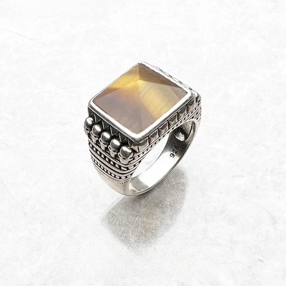 Silver Plated S925 Tigers Eye Skull Ring Size 8